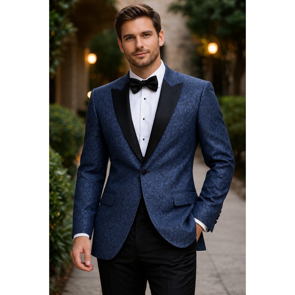 Men's Navy Blue Floral Jacquard Tuxedo Jacket with Black Satin Lapels